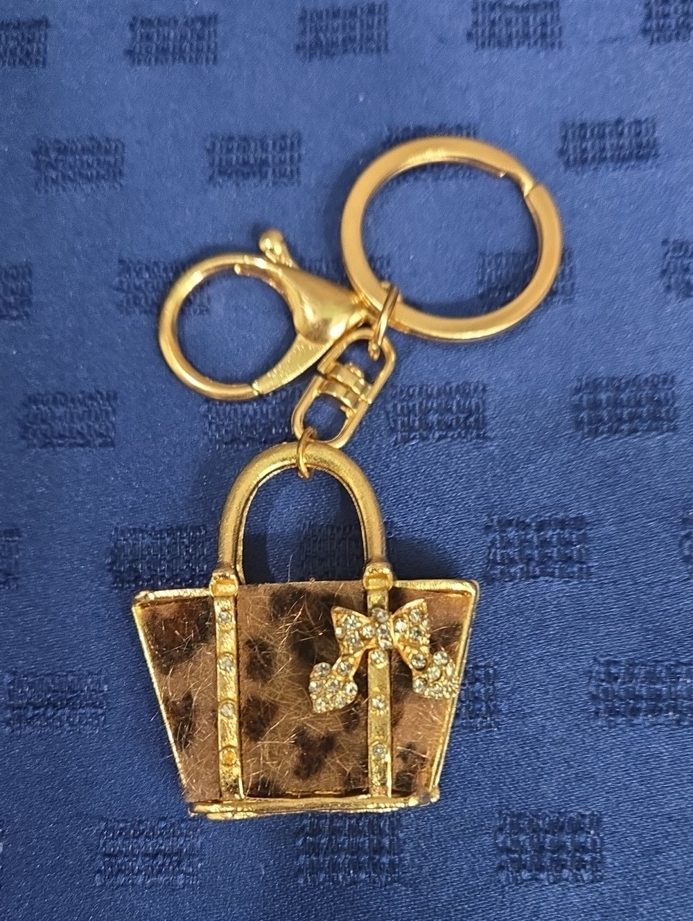 Gold-Tone Leopard Faux Fur Keychain / Bag Charm with Crystal Bow Accent - Picture 1 of 3